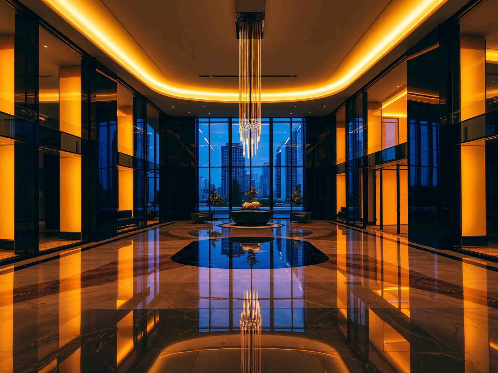 Immaculate corporate lobby at dusk