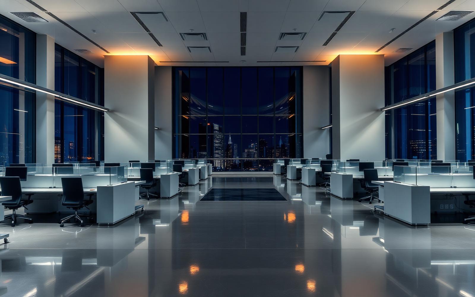 Pristine open-plan office at night