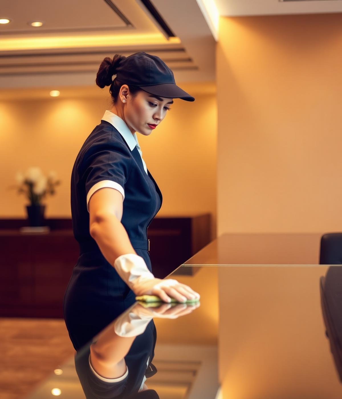 Professional cleaner detailing a reception desk